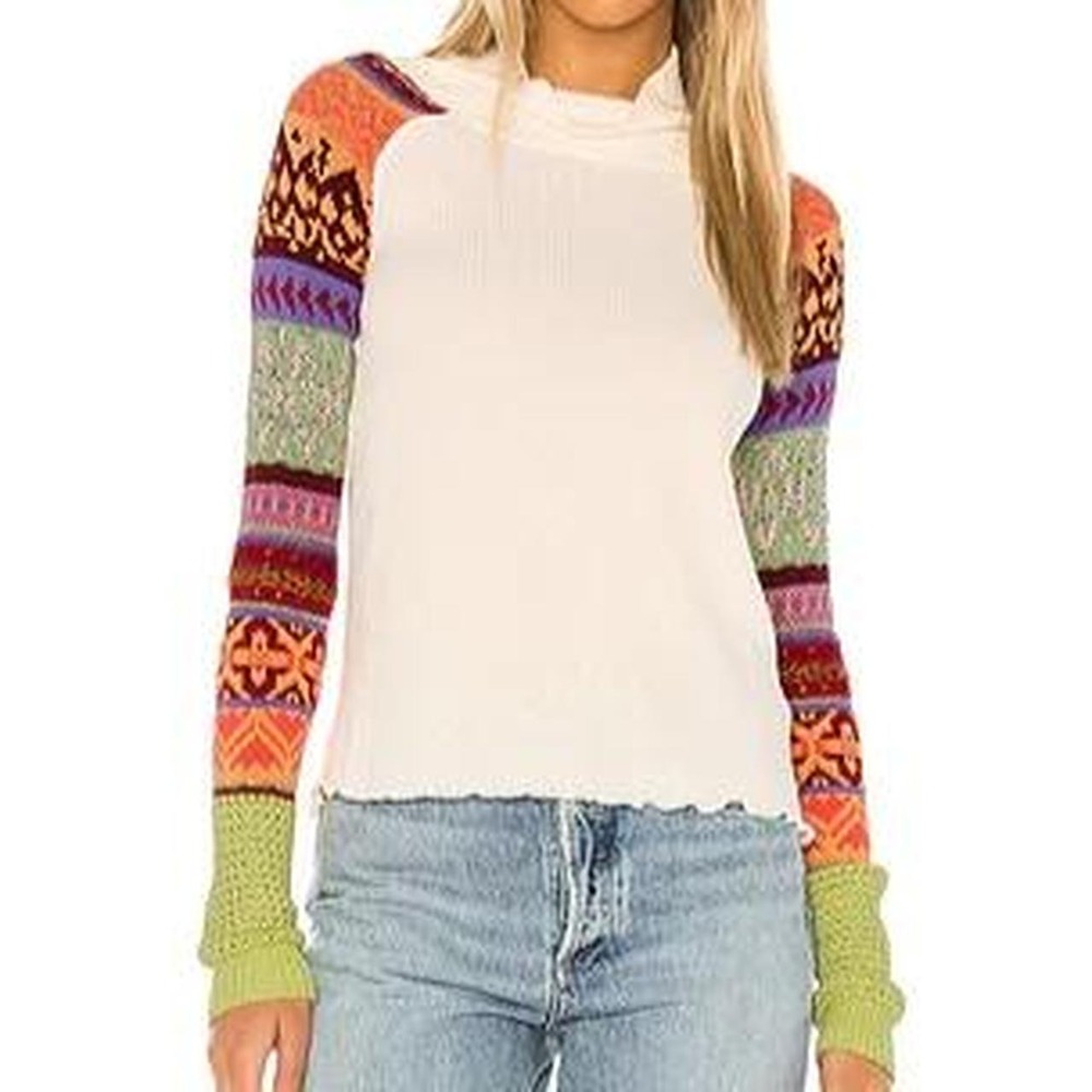 Free People Prism Fair Isle Sweater XS Colorful Knit Sleeve Mock Neck